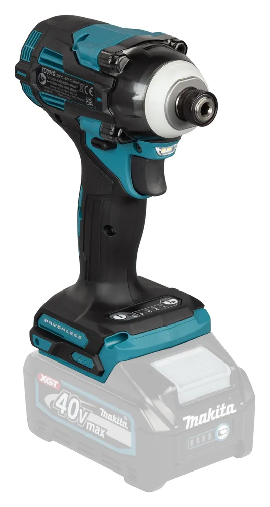 Pildil on Makita akulöökkruvikeeraja TD004GZ XGT, ilma aku ja laadijata, nähtavana selle ehitus ja detailid.