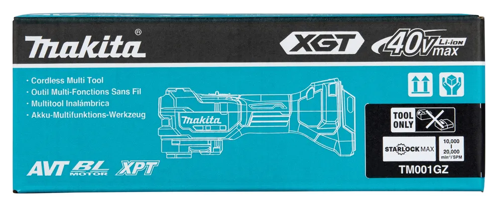Pildil on näha Makita akuuniversaaltööriista TM001GZ esiosa, millel töötab LED-lamp.