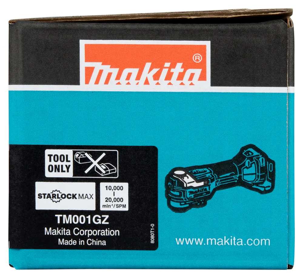 Pildil on Makita XGT 40V max akuuniversaaltööriista TM001GZ karp, millel on näha tööriista kontuurjoonis ning selle...