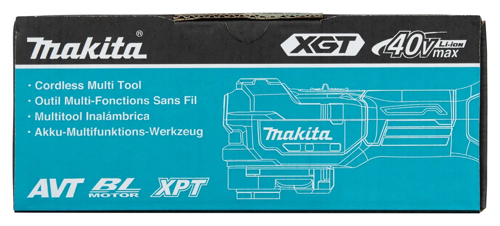 Pildil on näha Makita akuuniversaaltööriista TM001GZ karp, millel on tööriista kujutis ja tooteteave.