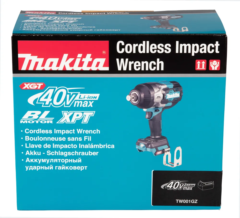 Pildil on Makita akulöökmutrikeeraja TW001GZ, ilma aku ja laadijata, pakendil.