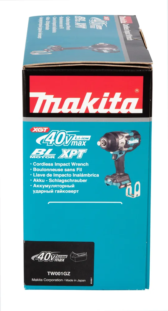 Pildil on Makita TW001GZ akulöökmutrikeeraja pakend, mis näitab toote kaubamärki ja mudelinumbrit.