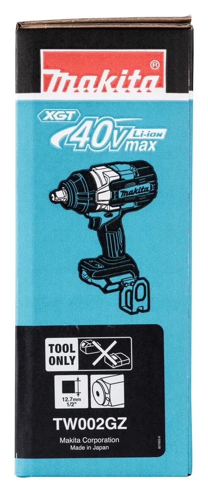 Pildil on Makita TW002GZ akulöökmutrikeeraja karp, kus on kujutatud tööriista ja kirjas "TOOL ONLY", mis tähendab, et aku...