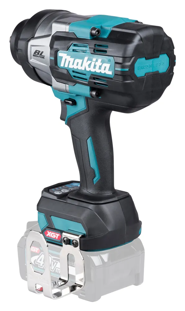 Pildil on Makita akulöökmutrikeeraja, millel on näha "BL MOTOR" ja "BRUSHLESS" tähised ning akuklamber.