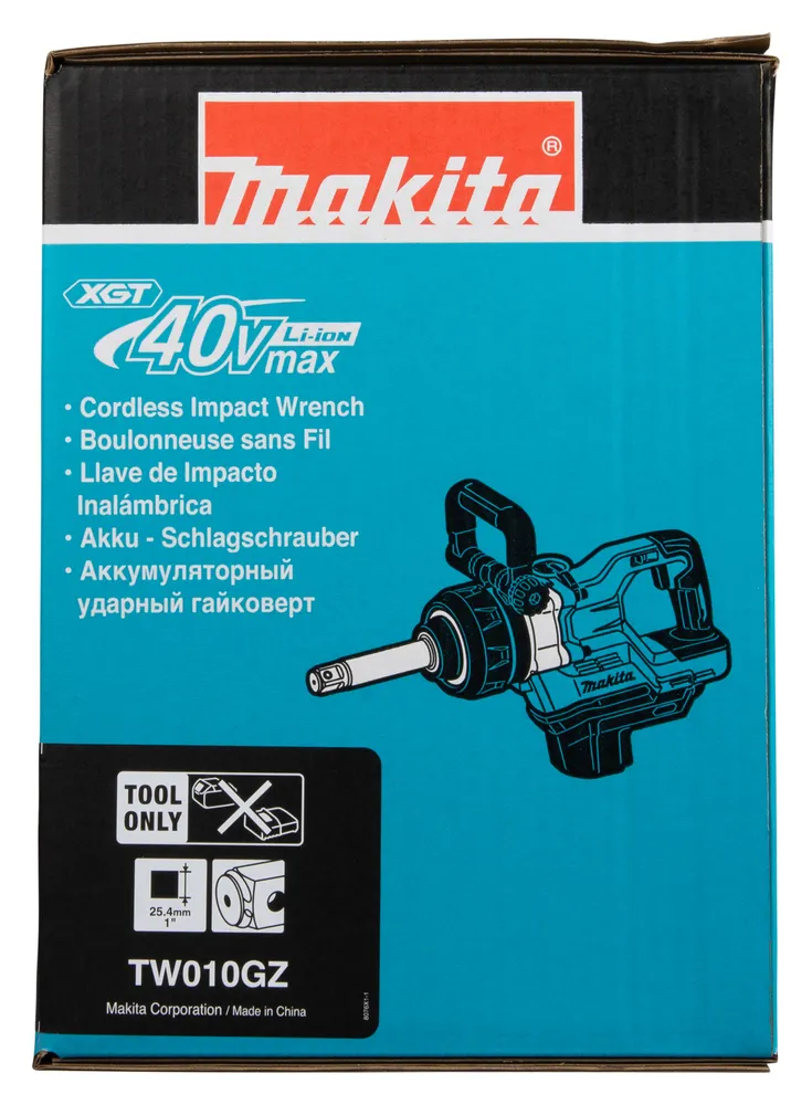 Pildil on Makita akulöökmutrikeeraja TW010GZ karp, millel on toote nimetus ja peamised omadused mitmes keeles.
