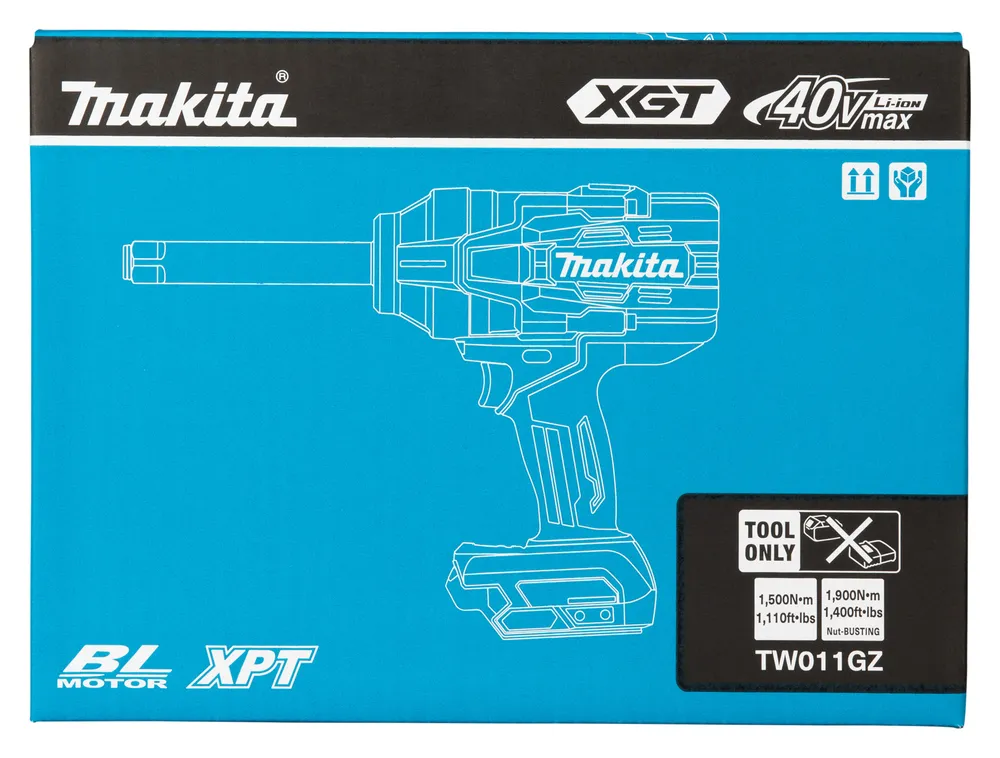 Pildil on Makita akulöökmutrikeeraja TW011GZ, millel põleb ereda valgusega kaks LED-lampi.