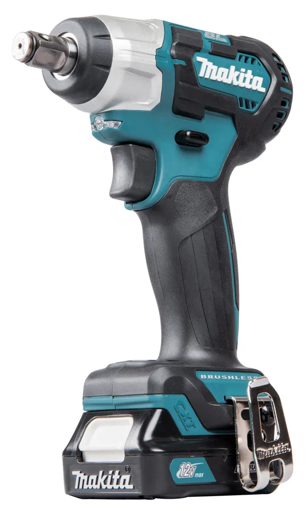Pildil on näha Makita akulöökmutrikeeraja TW161DSAJ koos akuga, mis on varustatud "BRUSHLESS" ja "12V max" märgisega.