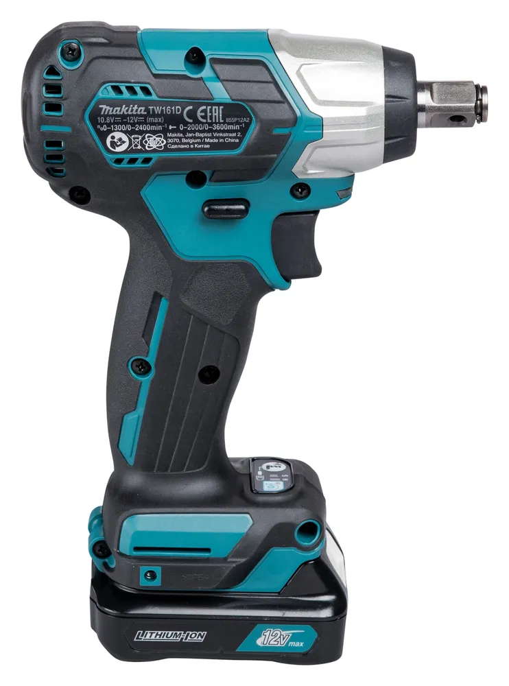 Pildil on Makita akulöökmutrikeeraja TW161DSAJ, millel on must ja türkiissinine disain ning 12V aku.