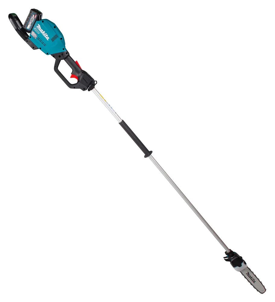 Pildil on Makita akutoitel teleskoop-oksasaag UA003GZ XGT, millel on roheline korpus, mustad käepidemed, pikendatav...