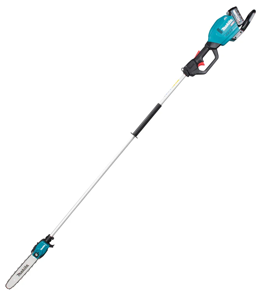Pildil on Makita akutoitel teleskoop-oksasaag, mis on valge ja sinise kombinatsiooniga.