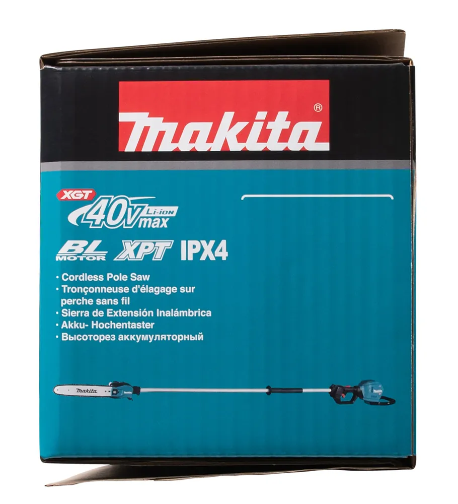 Pildil on Makita akutoitel teleskoop-oksasae pakend, millel on näha toote teisi omadusi.