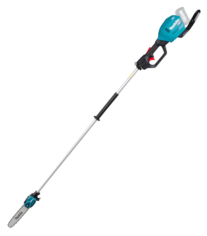 Pildil on Makita akutoitel teleskoop-oksasaag UA003GZ XGT, mis on varustatud saeketi ja pikendatava varrega.