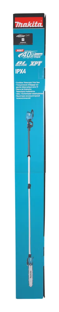 Pildil on Makita akutoitel teleskoop-oksasae UA004GZ XGT pakend, mis näitab toodet, mida saab kasutada oksasaagimiseks.