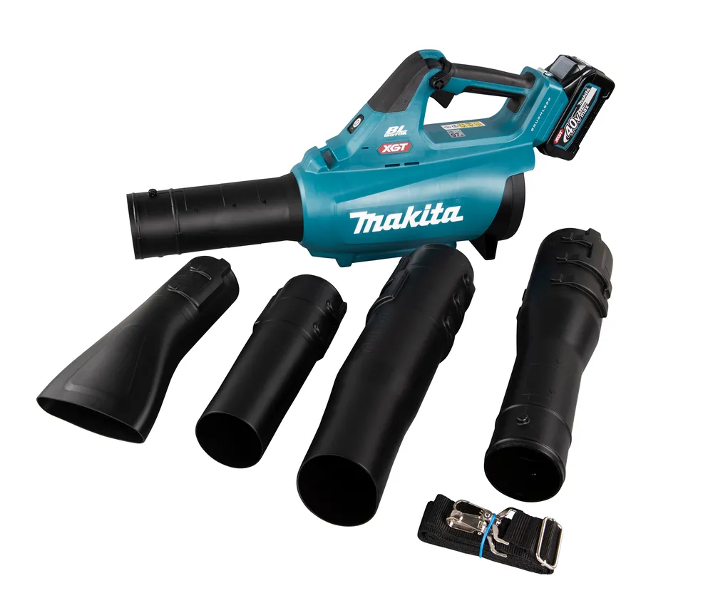 Pildil on Makita akupuhur UB001GZ XGT, mille juurde kuulub neli erinevat otsikut ja rihm.