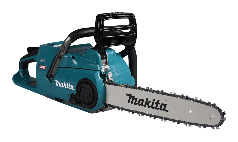 Pildil on Makita akukettsaag XGT, millel on sinine korpus ja must kett.