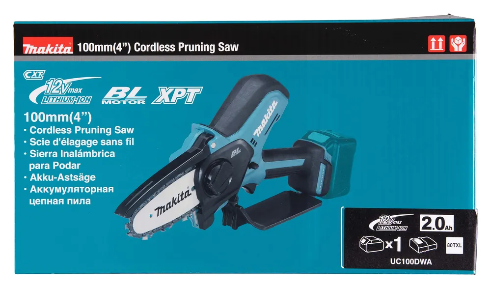 Pildil on Makita 100mm akuoksasaag UC100DWA koos selle pakendiga.