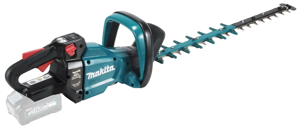 Pildil on Makita akuhekilõikur UH004GZ XGT, millel on roheline korpus, mustad käepidemed, lõiketerad ja paigaldatud aku.