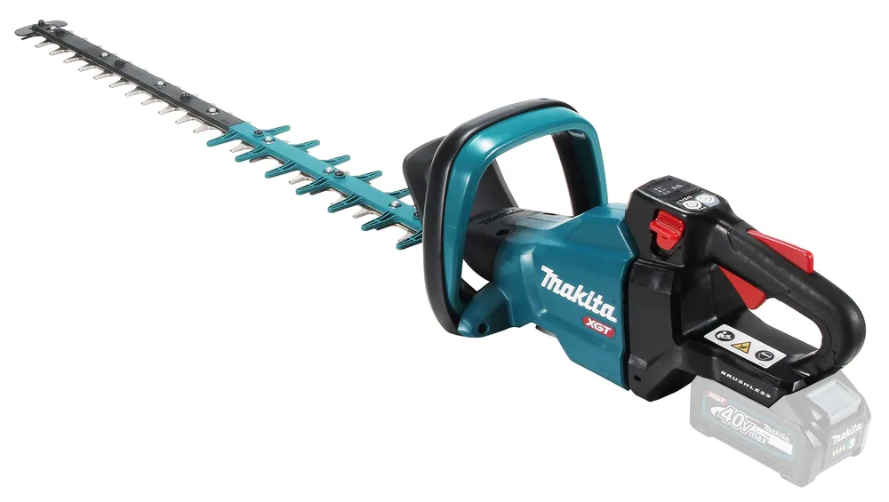 Pildil on Makita akuhekilõikur UH005GZ, millel on terav lõiketeraga vars, käepide ja aku.