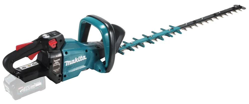 Pildil on Makita akuhekilõikur UH005GZ, millel on roheline korpus, mustad käepidemed, lõiketerad ja paigaldatud aku.
