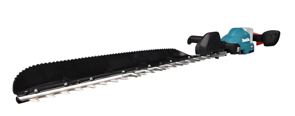 Pildil on valge taustaga Makita akuhekilõikur UH014GZ XGT, millel on pikk lõiketerade komplekt ja mida kasutatakse aia...