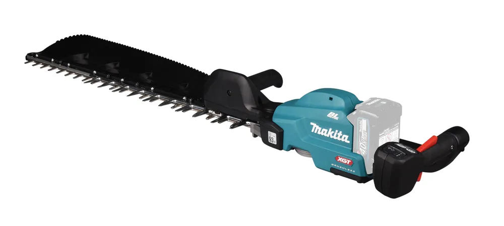 Pildil on Makita akuhekilõikur UH014GZ XGT, millel on suur tera ja mis on mõeldud hekkide lõikamiseks.