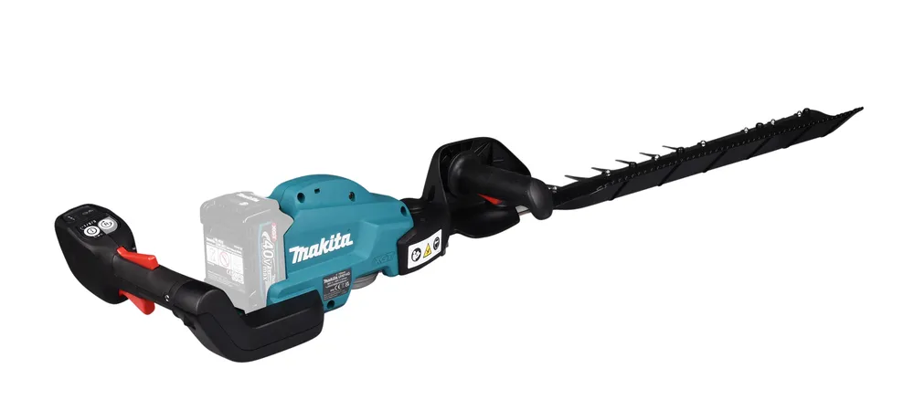 Pildil on Makita akuhekilõikur UH014GZ XGT, millel on kaks käepidet, terad ja aku.