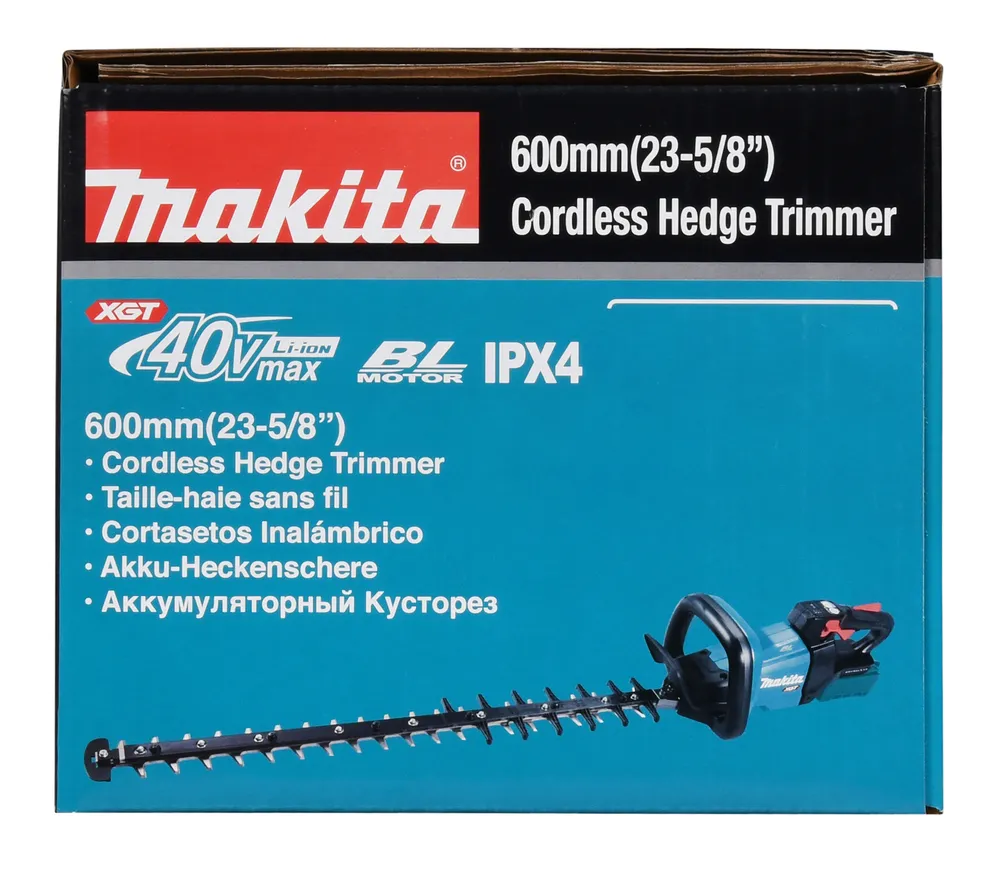 Pildil on Makita akuhekilõikuri UH006GZ pakend, mis sisaldab hekilõikurit ennast.