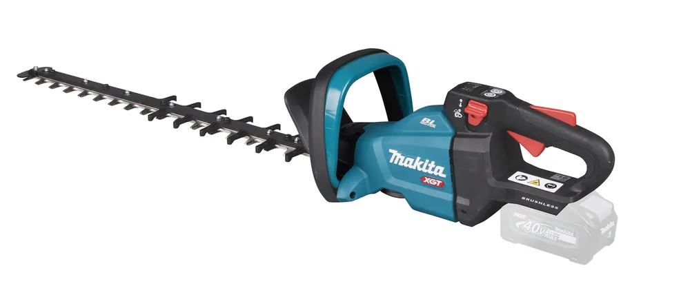 Pildil on Makita akuhekilõikur UH006GZ, XGT, nähtav ja on detailid, nagu tera, käepide ja aku pesa.