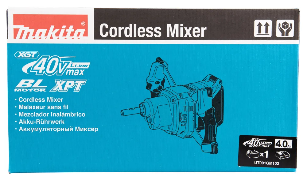 Pildil on Makita akusegurid UT001GM102, mis on esindatud kaubamärgi stiilis sinisel taustal.