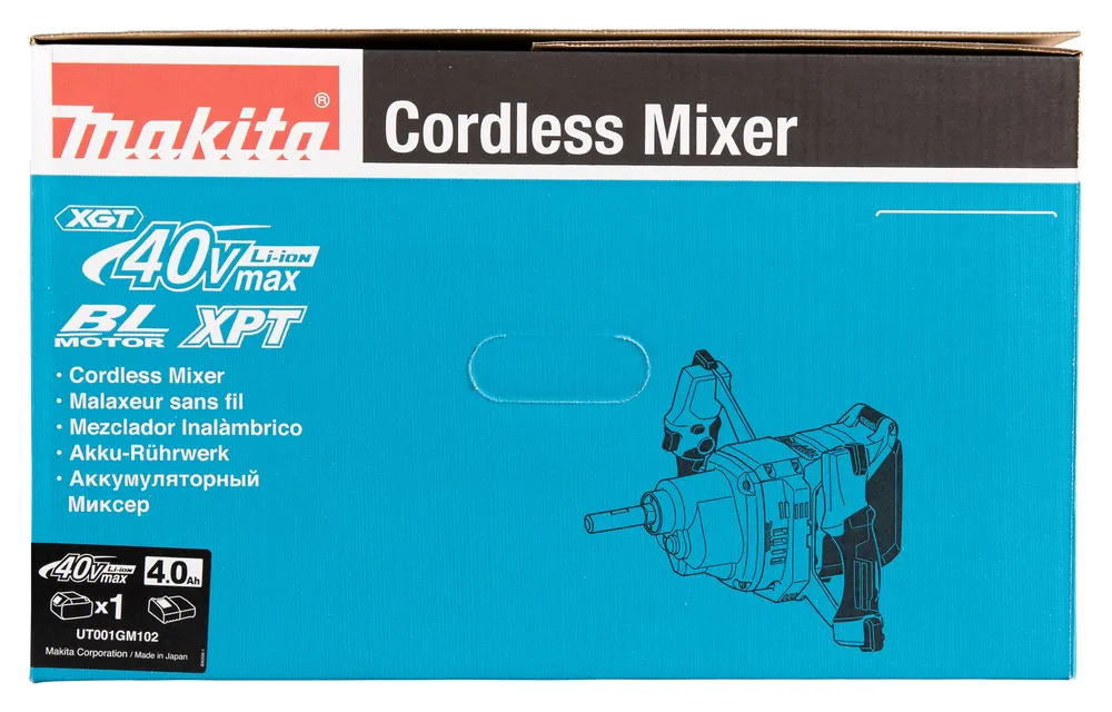 Pildil on Makita akusegutrell UT001GM102, millel on näha brändi logo, toote nimetus ja tehnilised andmed.