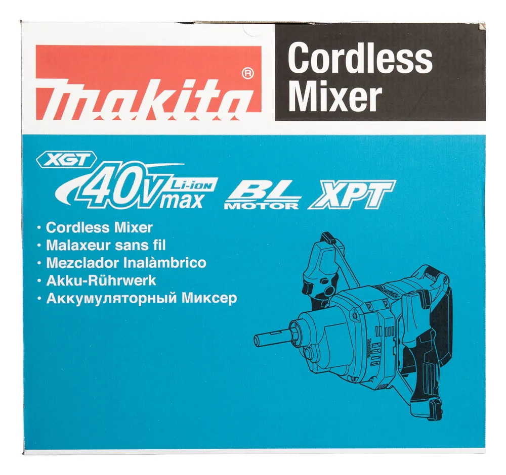 Pildil on Makita akusegutrell UT001GZ01 pakend, millel on kujutatud toote joonistus ning tehnilised andmed nagu 40V max...