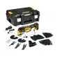 Pildil on DeWalt DCS356NT multitööriist koos erinevate tarvikutega, mis on pakitud musta kohvrisse.