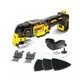 Pildil on DeWalt DCS356N multitööriist koos erinevate lisatarvikutega, nagu saelehed ja lihvimistarvikud.