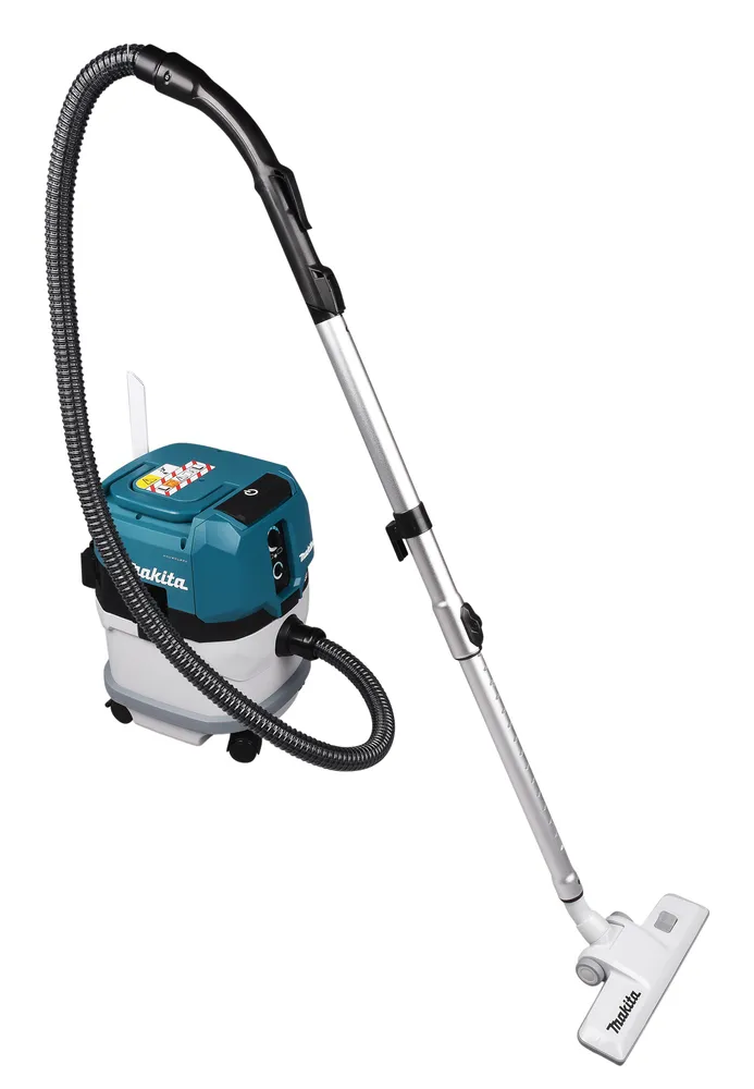 Pildil on Makita akuga vee- ja tolmuimeja VC003GLZ, millel on sinine ja valge korpus, pikk teleskoopvarras ja must voolik.