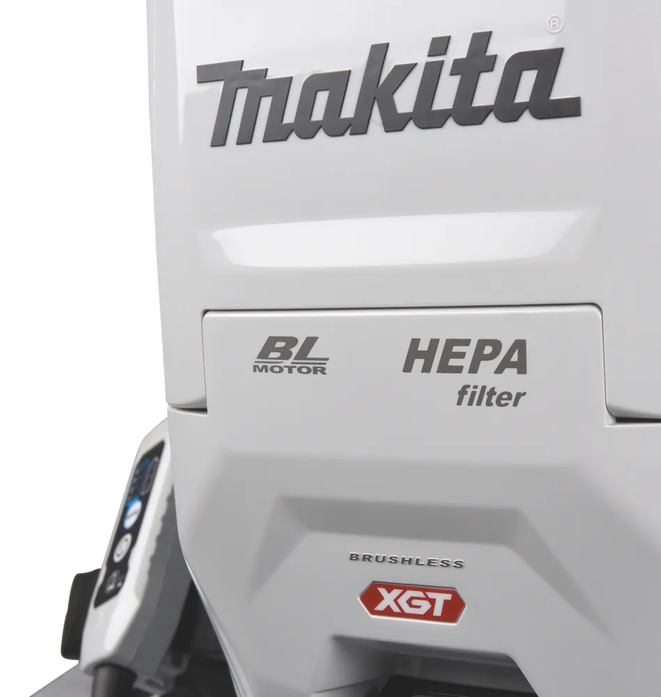 Pildil on näha Makita juhtmevaba akutolmuimeja VC008GZ osa, millel on logo, mootori ja HEPA-filtri märgid ning XGT...