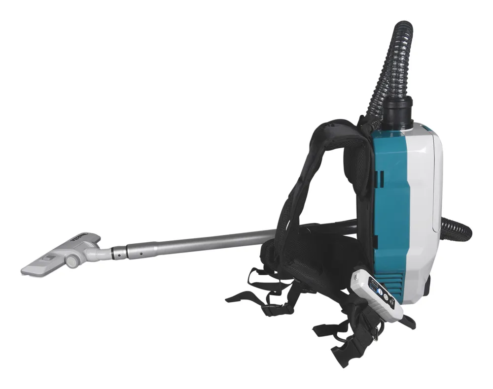 Pildil on näha Makita akutolmuimeja VC008GZ, mis on seljakotitüüpi seade koos selle torude ja otsikuga.