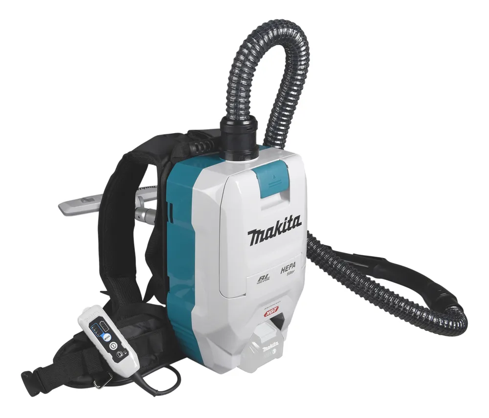 Pildil on näha Makita akutolmuimeja VC008GZ, mis on seljakotina disainitud ja varustatud HEPA filtriga.