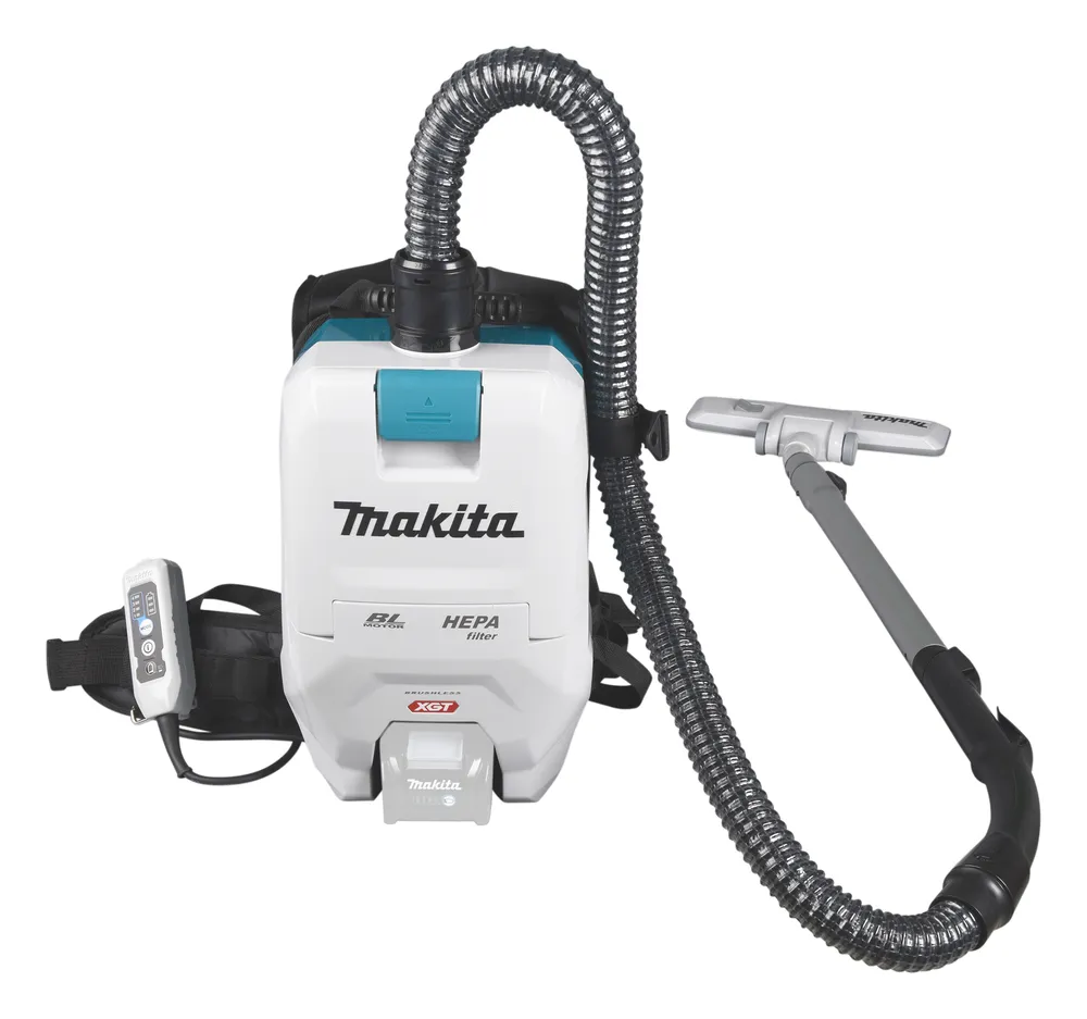 Pildil on Makita VC008GZ akutoitel seljakott-tolmuimeja, mille küljes on voolik ja imemiskäpp.