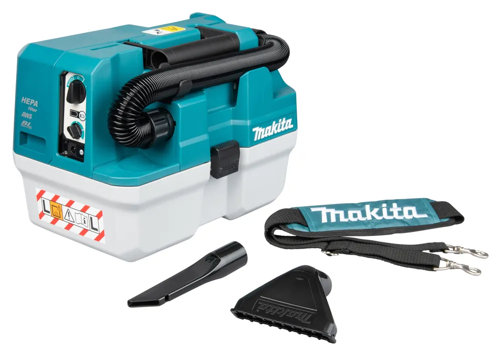 Pildil on näha Makita akutoitel vee- ja tolmuimeja VC013GLZ, kus on esile tõstetud toote must sissepuhumistoru koos...