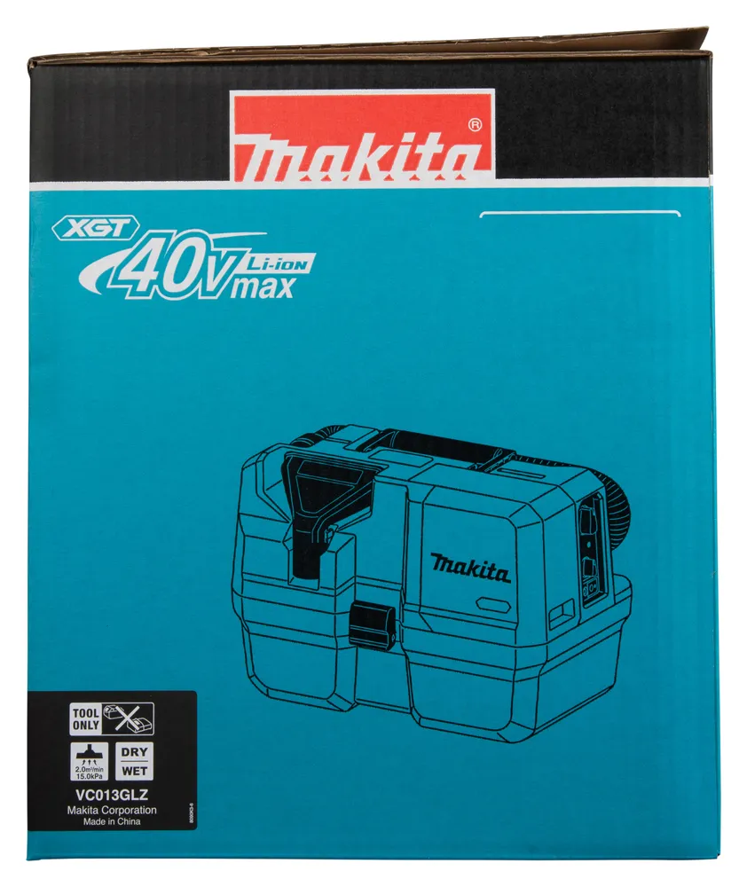 Pildil on Makita akutoitel vee- ja tolmuimeja VC013GLZ kast, millel on märgitud XGT tehnoloogia ja "Tool Only" märge.