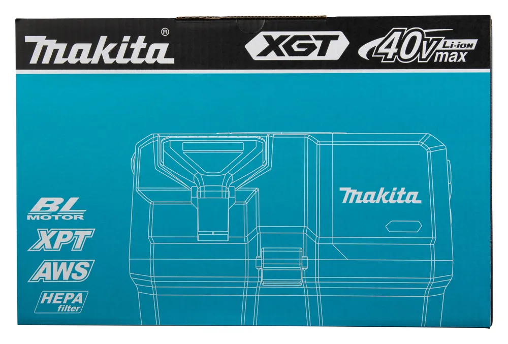 Pildil on kujutatud Makita XGT akutoitel vee- ja tolmuimeja VC013GLZ pakend, millel on näha ka tootemärgid ja...