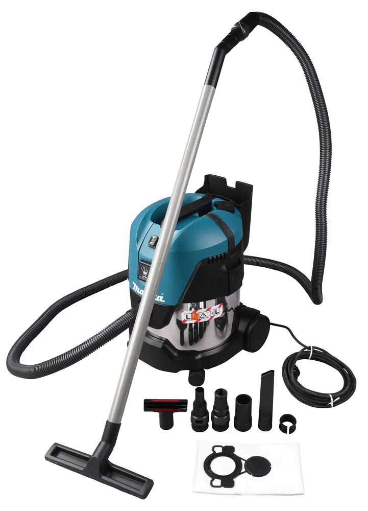Pildil on Makita vee- ja tolmuimeja VC2012L koos lisatarvikutega, millel on toru ja otsik, mis on valmis kasutamiseks.