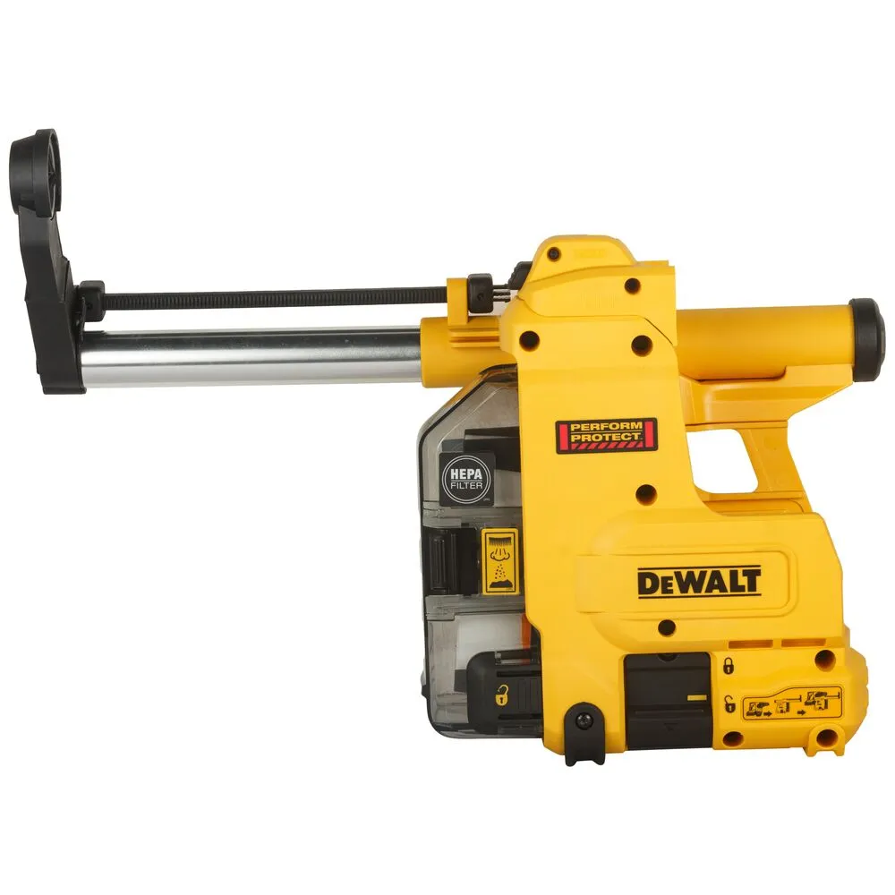 Pildil on Dewalt tolmueemaldussüsteem SDS Plus D25304DH, millel on kollane korpus ja läbipaistev tolmukogumispaak.