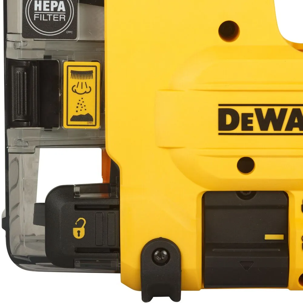 Pildil on näha Dewalt tolmueemaldussüsteem SDS Plus D25304DH, millel on HEPA filter ja märgised.