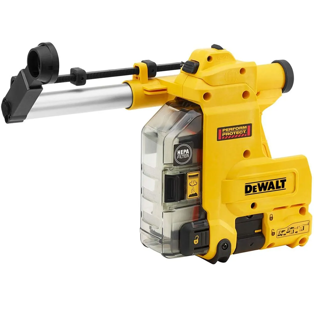 Pildil on kollane Dewalt tolmueemaldussüsteem SDS Plus D25304DH, millel on läbipaistev tolmukogumisnõu ja HEPA-filter.