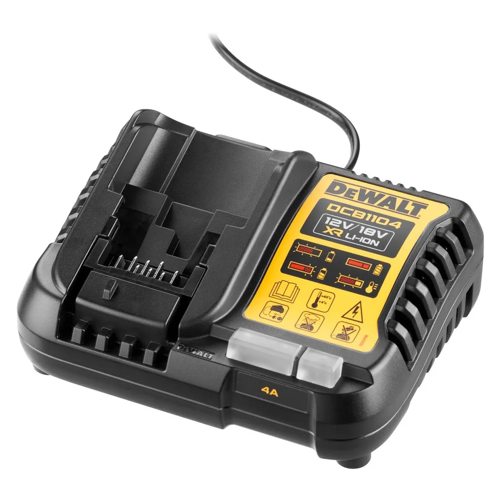 Pildil on must ja kollane Dewalt akulaadija DCB1104, millel on nähtavad LED-tuled ja teave.