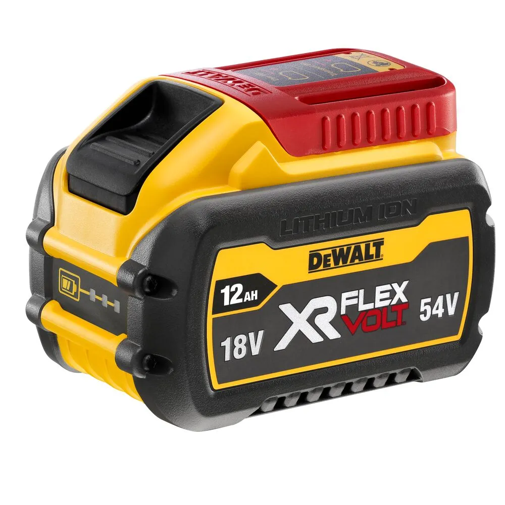 Pildil on DeWalt aku XR Flexvolt 18/54 V 12,0 Ah, millel on peal info selle omaduste kohta, nagu pinge ja maht.