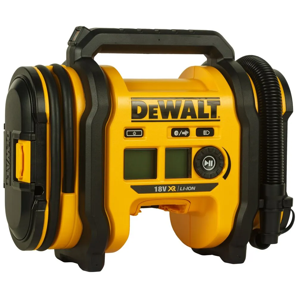 Pildil on DeWalt akutoitel kompressor DCC018N, mis on kollast ja musta värvi ning varustatud käepidemega ja painduva...