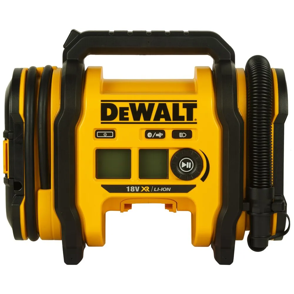Pildil on näha kollane ja must DeWalt akutoitel kompressor DCC018N, millel on kaks ekraani ja kontrollnupud.