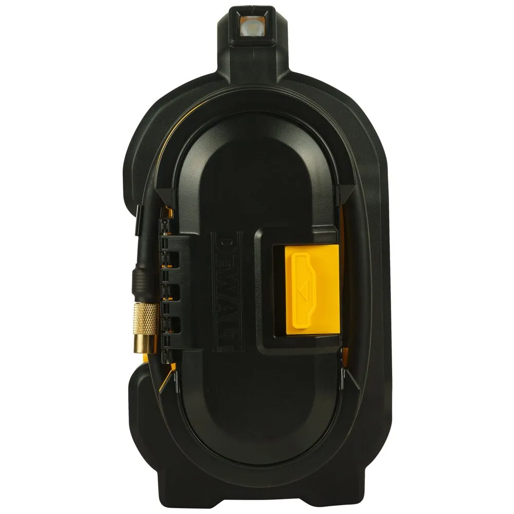 Pildil on DeWalt akutoitel kompressor DCC018N ilma aku ja laadijata, millel on näha must korpus ja kollane nupp.